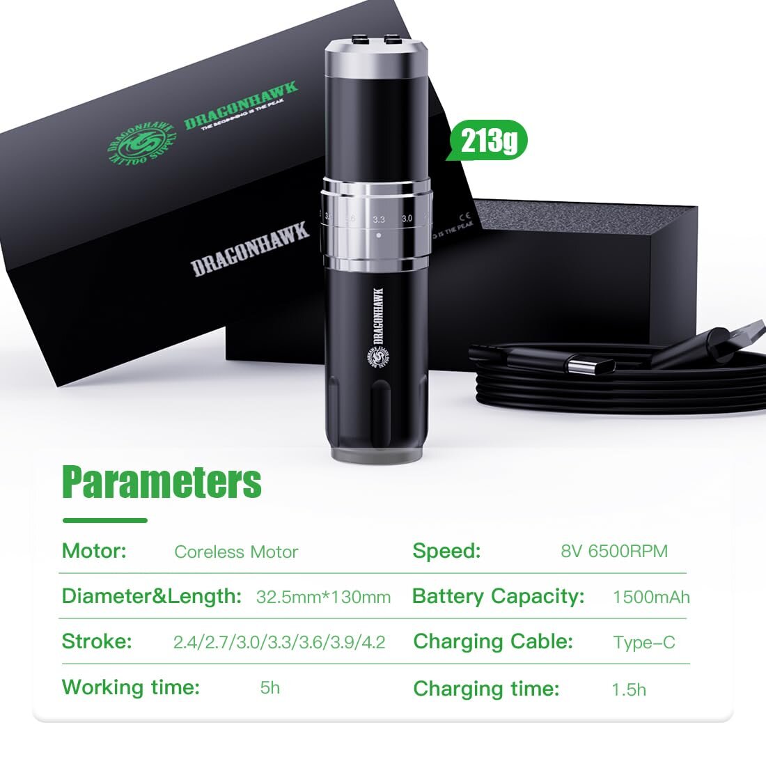 Dragonhawk - Fold 3 - Wireless Tattoo Machine with Dual Batteries | Stroke Changing (2.4mm - 4.2mm)