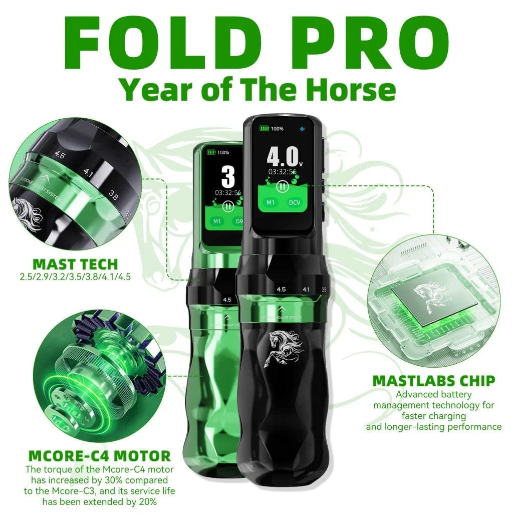Dragonhawk - (Limited Edition) Fold Pro - Year of the Horse Edition - Wireless Tattoo Machine with Dual Batteries | Stroke Changing (2.5mm - 4.5mm)