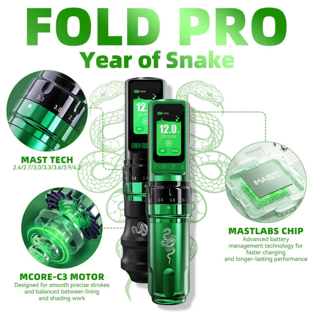 Dragonhawk - (Limited Edition) Fold Pro - Year of the Snake Edition - Wireless Tattoo Machine with Dual Batteries | Stroke Changing (2.4mm - 4.2mm)