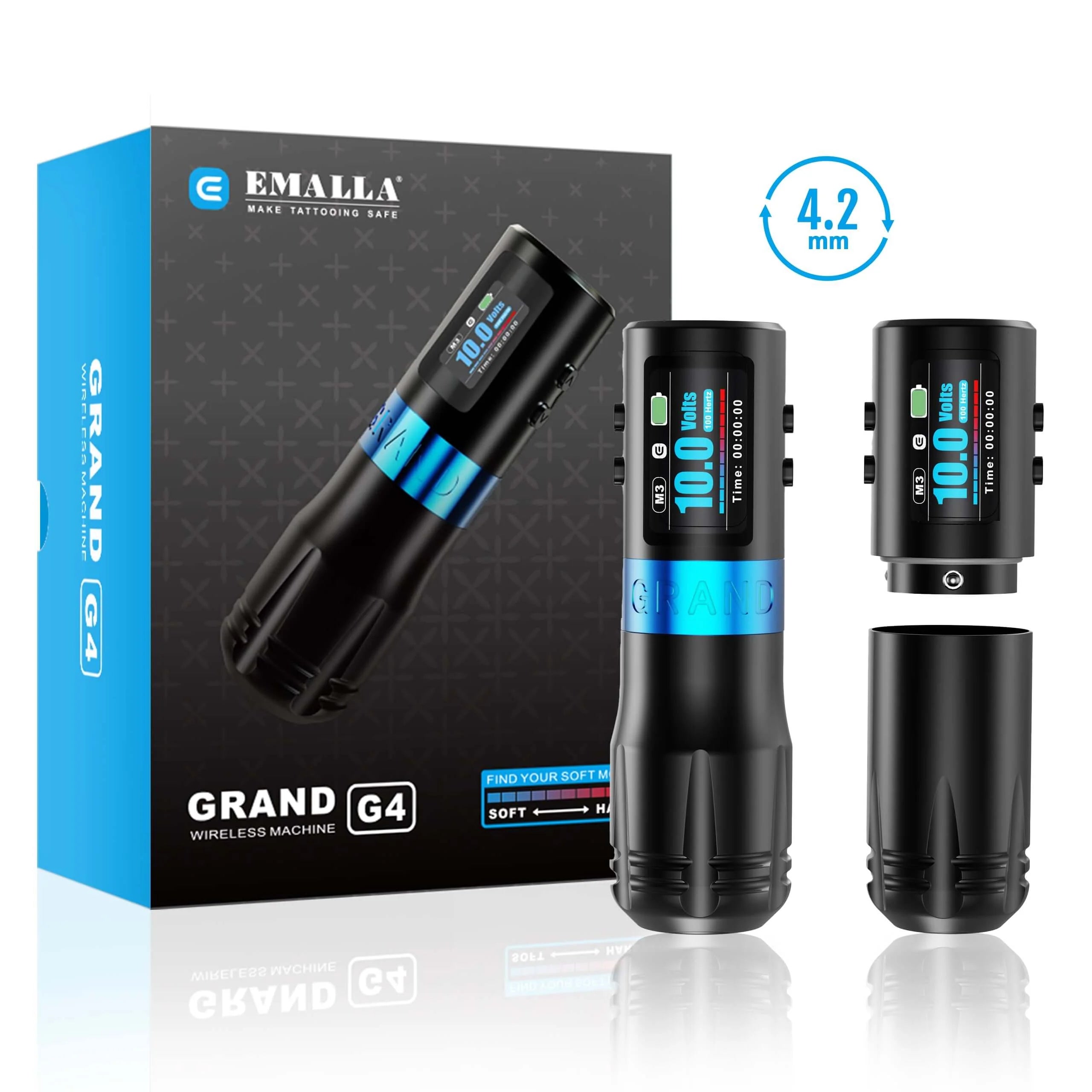 EMALLA Wireless Tattoo Machine 4.2mm stroke soft function | Grand G4 + 2 Batteries Main image