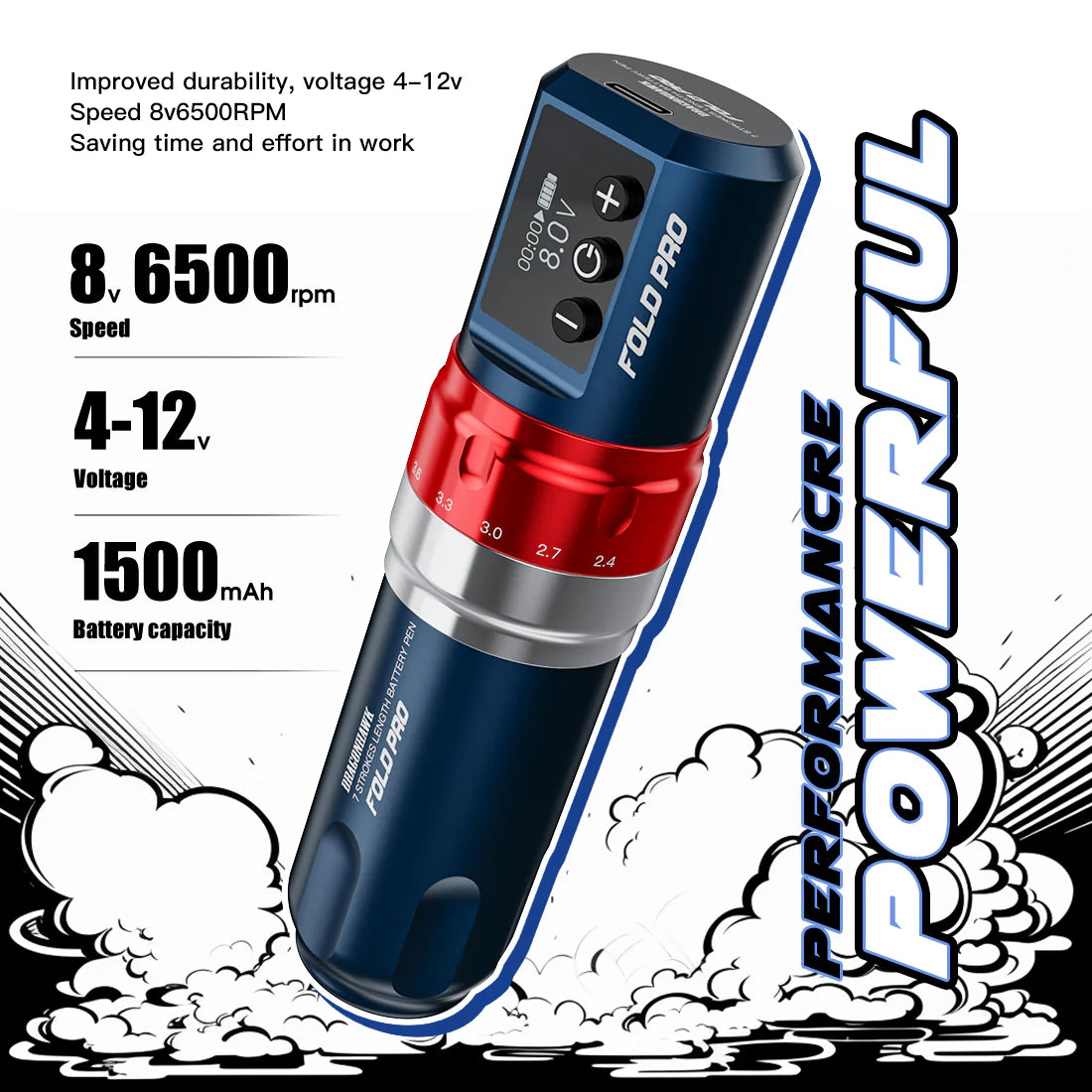 Dragonhawk Wireless Tattoo Pen Machine with 7 Stroke Length | Two Batteries | Fold Pro