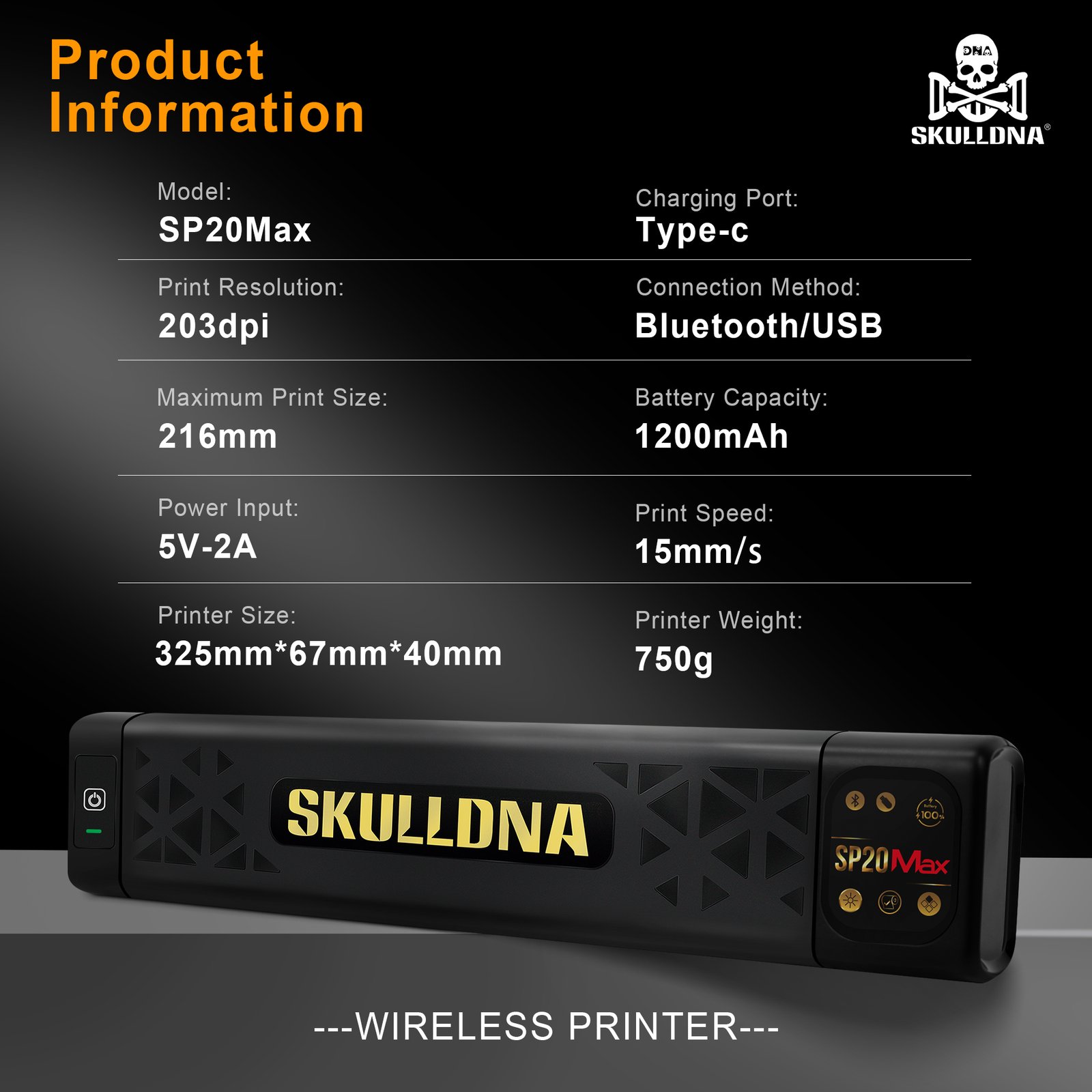 SKULLDNA MAX - Wireless Bluetooth Printer - Smart Touchscreen- SP20 - Japanese High Resolution Printhead - Image 3